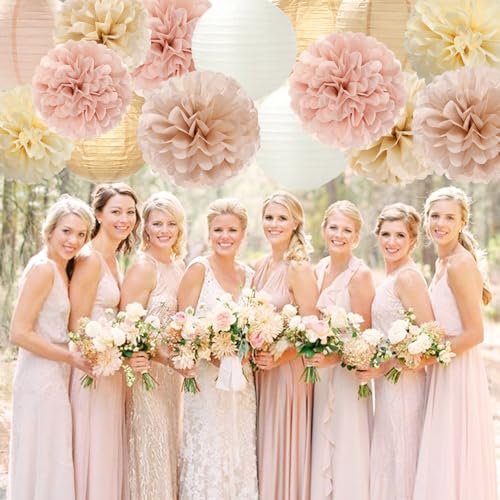 Champagne-Gold White Party-Decorations Paper-Flowers Lanterns - 15PCS Boho Fall Rustic Tissue Pom Poms Streamers,Wedding Baby Bridal Shower Neutral Autumn Birthday Hanging Supplies Decor Hugfond - color: Khaki Champagne