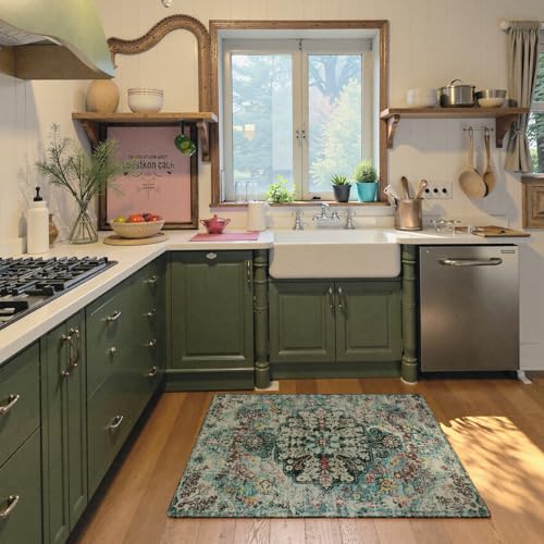 Lahome Boho Bohemian Area Rug - 2x3 Small Washable Bathroom Entryway Kitchen Rug,Floral Medallion Non Slip Pet Friendly Vintage Throw Carpet for Indoor Front Door Sink Living Room Bedroom,Teal - color: Teal, size: 2' x 3' (Rectangular)