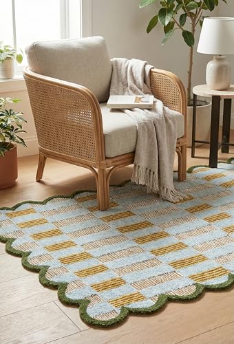 Hand Tufted Wool Rug with Scalloped Edges, Light Blue Plaid Pattern, Soft Area Rug for Living Room, Bedroom, and Nursery, Handmade Modern Accent Rug, Meadow Sky, 8'x10' - size: 8' x 10' (Rectangular)
