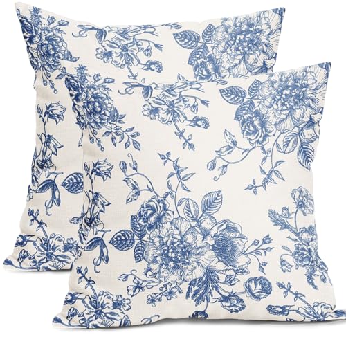Kawani Blue Floral Pillow Covers 18x18 Inch Vintage Flower Blue Cream Decorative Throw Pillow Covers Set of 2 Chinoiserie Pillowcases Square Cushion Covers for Couch Bed Sofa Chair Car Decor - color: Blue, size: 18" x 18" (Pack of 2)