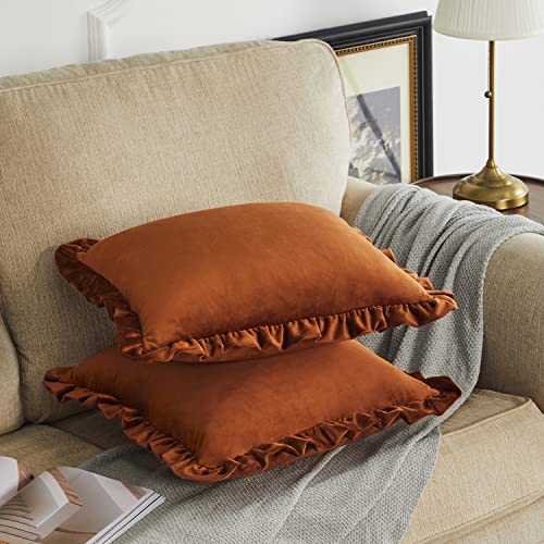GIGIZAZA Burnt Orange Decorative Throw Pillow Covers, 22x22 Velvet Ruffle Cushion Pillow Covers for Sofa Couch Set of 2 - color: Burnt Orange, size: 22" x 22" (Pack of 2)