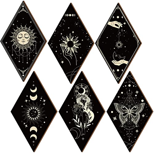 Sintuff 6 Pieces Gothic Wall Decor Boho Sun Moon Phases Wall Art Gothic Minimalist Stars Sun Hanging Wooden Home Decor Farmhouse Pediments for Gallery Living Bedroom Room(Boho) - style: Bohemian