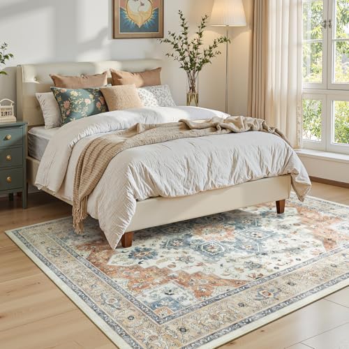 5x7 Bedroom Rug - Boho Aesthetic Floral Beige and Orange, Washable Low Pile Non-Slip Carpet, Stain Resistant Area Rugs for Under Bed, Large Entryway, Kitchen, Playroom, Bed Room, Living Room - color: Beige Orange, size: 5' x 7' (Rectangular)