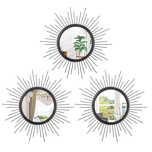 3 Pack Black Metal Wall Mirrors Sunburst Wall Mirrors Home Décor Art Decorative Modern Bohemian Hanging Wall Art for Bedroom Bathroom Living Room Entryway Small 12'' - color: Sunburst-black, size: 3 Set 12"L x 12"W