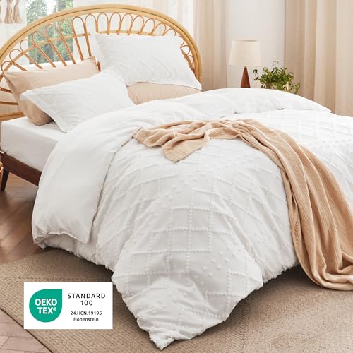 Bedsure Boho Duvet Cover King Size with Fitted Sheet - Boho Bedding Comforter Set, 4 Pieces, Includes 1 Duvet Cover 104"x90" with Zipper Closure, 2 Pillow Shams, 1 Fitted Sheet, White - color: 01 - White (No Comforter), size: King (With Fitted Sheet)