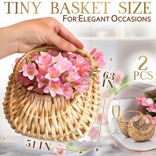 Flower Girl Basket Set of 2 - Charming Rattan with Waterproof Lining, 6.3 x 5.12 x 3.75 Inch - Small Wicker Basket with Handle for Wedding Flower Petals, Confetti, Candy, Gift, Storage & Home Decor - color: Brown