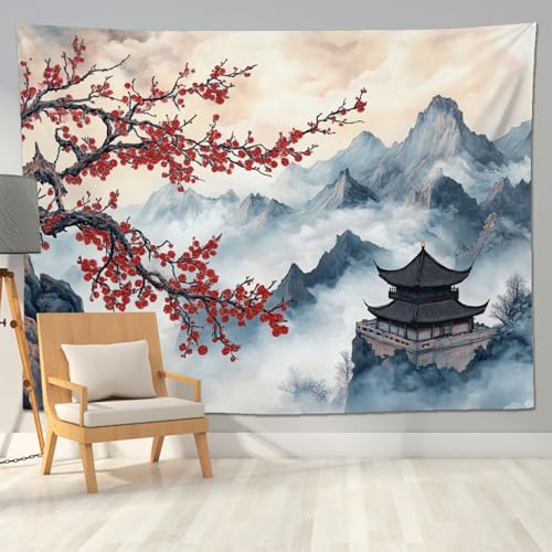 keowhsf Japanese Tapestry Aesthetic Wall Decor – Watercolor Ink Landscape with Red Plum Blossoms and Misty Mountains, Asian Art Hanging for Bedroom, Living Room, Dorm - color: Ink, size: 48"L x 36"W