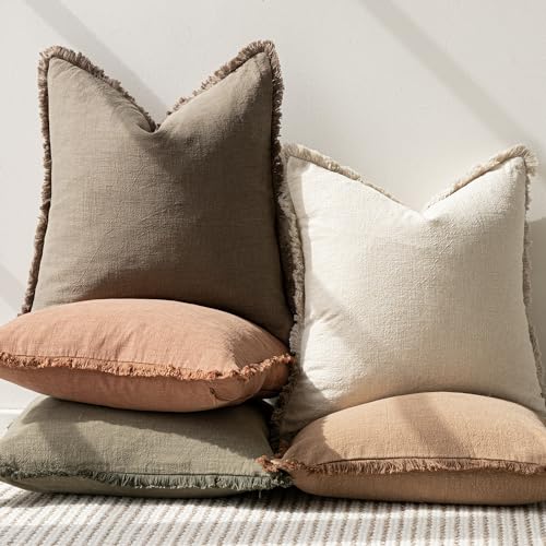 Foindtower Decorative Linen Fringe Throw Pillow Covers Cozy Boho Farmhouse Cushion Cover with Tassels Soft Accent Pillowcase for Chair Sofa Bed Living Room Home Decor, 16×16 Inch, 1PC, Light Brown - color: Cocoa Brown, size: 16" x 16" (Pack of 1)