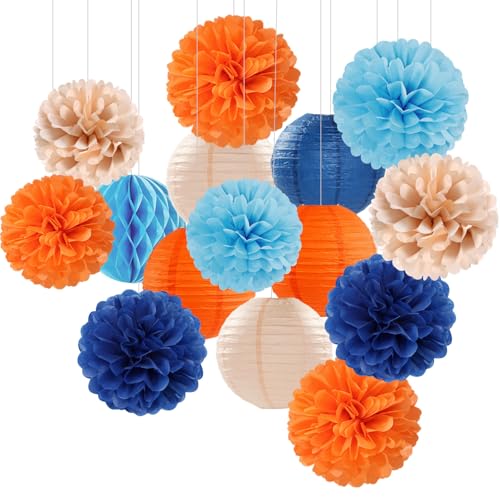 Navy-Blue Orange Champagne Party-Decorations Paper-Flowers - 15pcs Fall Birthday Baby Bridal Shower Tissue Pom Poms Lanterns Streamers Honeycomb, Wedding Bachelorette Hanging Supplies Decor Hugfond - color: Navy Orange Pink