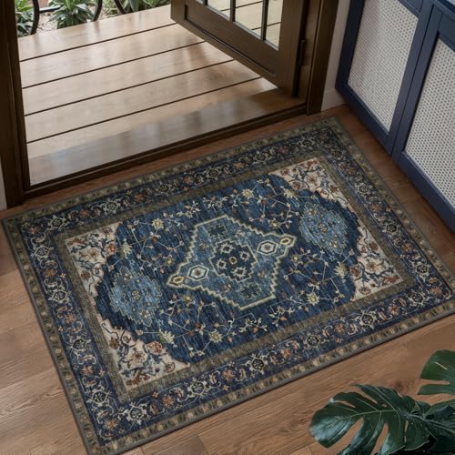 Tangsoo Dark Blue 2x3 Washable Rugs for Entryway, Vintage Non Slip Small Area Rug Carpet, Oriental Indoor Front Door Rug, Door Mat Indoor Entrance Soft Low Pile Throw Rugs for Entry Kitchen Bedroom - color: Dark Blue/Golden, size: 2' X 3' (Rectangular)