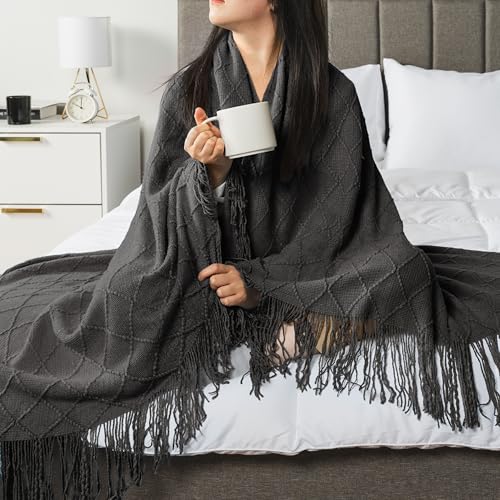PAVILIA Dark Gray Knit Throw Blanket for Couch, Twin Bed, Soft Knitted Farmhouse Sofa Throw for Living Room, Lightweight Decorative Summer Blanket for Chair, Outdoor Textured Boho Blanket, 60x80 - color: Charcoal Gray, size: 60 X 80 Inches - Twin