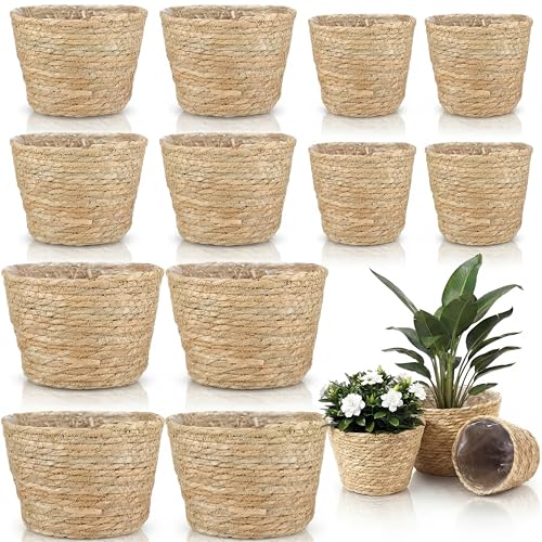 AceOrbit 12 Pcs Wicker Plant Basket Bulk with Liners Woven Planter Baskets Bulk for Indoor Outdoor Seagrass Plants Woven Wicker Baskets for Flower Pots Cover and Room Decor (Mixed Size,Rustic) - color: Rustic, size: Mixed Size