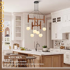 Farmhouse L28 '' Wooden Chandeliers with Milk Glass Globes Lampshades, Rustic Unique Mid Century Long 6-Light Pendant Chandelier for Living Dining Room Entryway Bedroom Kitchen,G9,Wood Stained Walnut - color: Walnut, size: L28 inches
