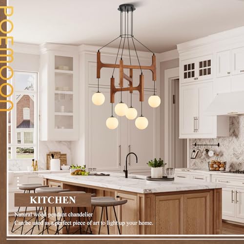 Farmhouse L28 '' Wooden Chandeliers with Milk Glass Globes Lampshades, Rustic Unique Mid Century Long 6-Light Pendant Chandelier for Living Dining Room Entryway Bedroom Kitchen,G9,Wood Stained Walnut - color: Walnut, size: L28 inches