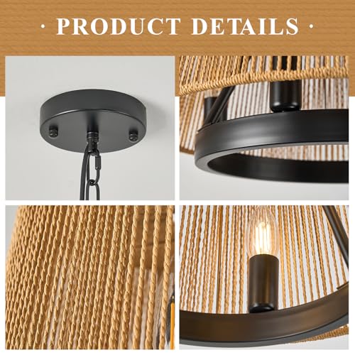 Farmhouse Boho Woven Chandeliers 18’’ Hand Rattan Ceiling Pendant Light 4-Light Chandelier Lighting Fixture for Dining Room, Hallway, Entryway, Kitchen,Bedroom, E12 - size: Trapezoid-17.7''-I
