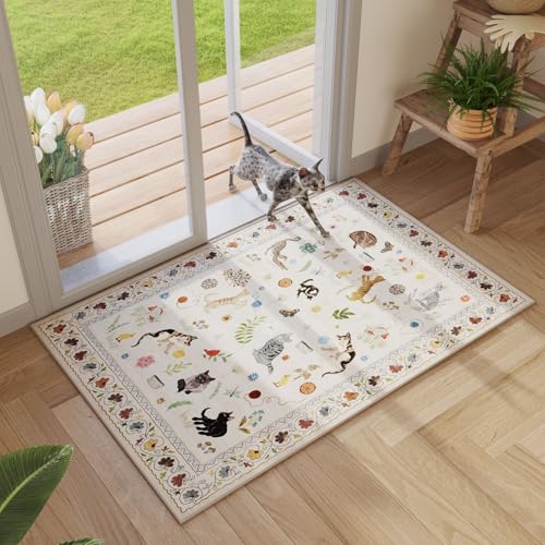 Rugcomf Door Mat Indoor Entrance 2x3 Rug Machine Washable Boho Floral Animal Cat Small Area Rug Non-Slip Low Pile Throw Rugs for Entryway Kitchen Front Door Indoor Entrance Entry Kids Room, Beige - color: Beige/Cat, size: 2' x 3' (Rectangular)