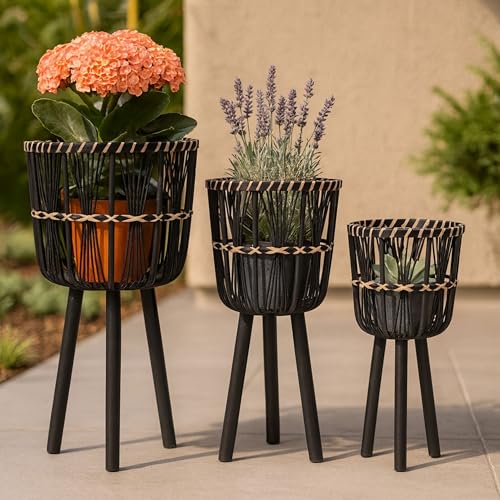 Set of 3 Woven Basket Decorative Planter Pot – Bamboo & Pine Wood Outdoor & Indoor Plant Pot – Modern Boho Garden and Home Decor Planters – 19", 23", & 26", Black - color: Woven Black/Natural, size: 26" H