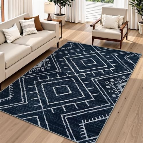 LIVEBOX Western 5x7 Area Rug, Navy Washable Rugs for Living Room Bedroom, Non Slip Moroccan Tribal Rug Low Pile Soft Geometric Boho Large Area Rugs Diamond Carpet for Dining Room Home Office Decor - color: Navy, size: 5‘ x 7'