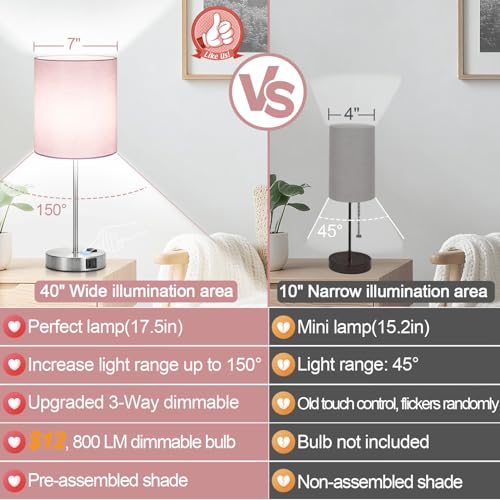 Lynnoland Set of 2 Touch Control Table Lamps, 3-Way Dimmable Bedside Nightstand Lamps for Bedroom Living Room Nursery, 800 Lumens 5000K Warmlight Bulbs Included - color: (2 Pack)Pink & Brushed Nickel(Base)-5000K Bulbs Included