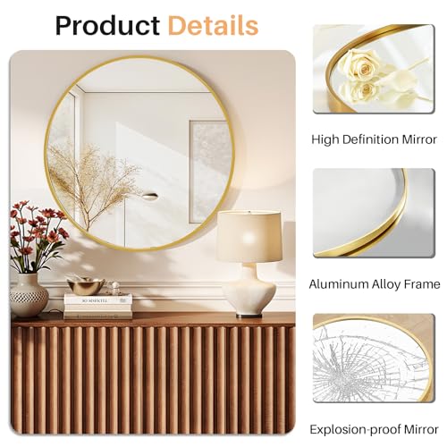 30 Inch Round Bathroom Mirror for Wall, Matte Gold Metal Framed | Circle Vanity Mirror for Bathroom Bedroom Living Room Entryway, Anti-Rust, Tempered Glass, Hanging or Leaning - color: Matte Gold, size: 30"L x 30"W, style: Round