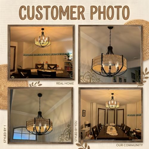 25.6" Large Rattan Farmhouse Chandelier, 6-Light Boho Black Modern Chandelier Light Fixture, Rustic Wicker Chandelier with Woven Shade for Dining Room, Living Room, Bedroom - color: V-Weave Round Rattan, size: Large 6 light 25.6 inches
