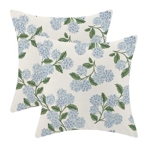 AEIOAE Spring Pillow Covers 16x16 Inch Set of 2, Green Blue Hydrangea Flower Throw Pillows Case,Floral Summer Outdoor Seasonal Decorative Farmhouse Decor Cushion Covers for Home Sofa Bed Couch - color: Hydrangea, size: 16" x 16" (Pack of 2)