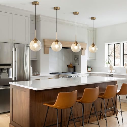 KCO Lighting Mid Century Modern Kitchen Island Pendant Lighting Gold 1-Light Amber Glass Globe Pendant Light Brushed Brass Large Living Room Pendant Light Fixture (2 Pack) - color: Gold+Amber-2PC