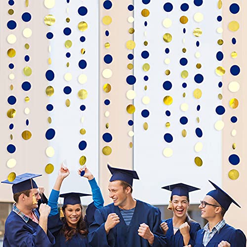 46 Ft Navy Blue and Gold Circle Dots Garland Royal Blue Hanging Paper Polka Dot Streamer for Birthday Wedding Bridal Baby Shower Graduations Nautical Ahoy Achor Pirate Theme Party Decorations Supplies - color: Blue Gold