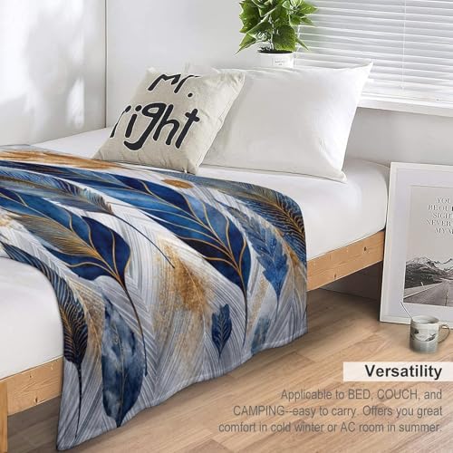 Blanket Luxury Feather Leaf Plant Blue Throw Blanket for Women Men, 30"x40" Golden Foliage Plush Flannel Throws, Decor for Bed Couch Bedroom - color: Luxury Feather Leaf Plant Blue, size: 30"x40"