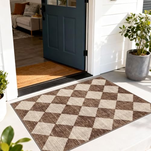 Checkered Entryway Rug - 28" x 43" Small Front Door Mat Indoor Outside Entrance Non-Slip Washable Outdoor Mat Rustic Brown Beige Modern Farmhouse Rug for Entryway Kitchen Bedroom Porch Decor - color: Diamond - Brown Beige, size: 2'4" x 3'7" (Rectangular)