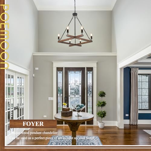 L45'' Rustic Farmhouse Square Wood Chandeliers 6-Light Unique Rectangular Candle Chandelier Long Ceiling Pendant Light for Living Dining Room Foyer Kitchen Bedroom High Ceiling,E12 - color: Walnut, size: 45 inches