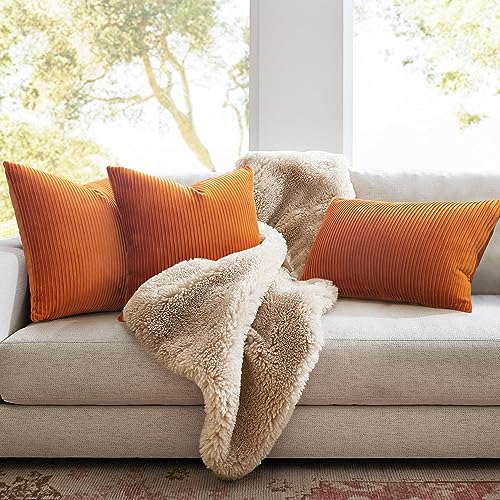 YCOLL Burnt Orange Pillow Covers 18x18 Set of 2 Velvet Striped Pattern - Soft Throw Pillows for Home Decor, Luxury Decorative Pillow Covers for Couch, Bed,Living Room - color: Burnt Orange, size: 18" x 18" (Pack of 2)