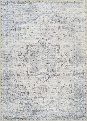 Bloom Rugs Washable Non-Slip 2x3 Rug - Ivory/Blue/Gray Traditional Oriental Area Rug for Living Room, Bedroom, Dining Room, and Kitchen - Exact Size: 2' x 3' - color: Ivory / Blue / Gray, size: 2' x 3' (Rectangular)