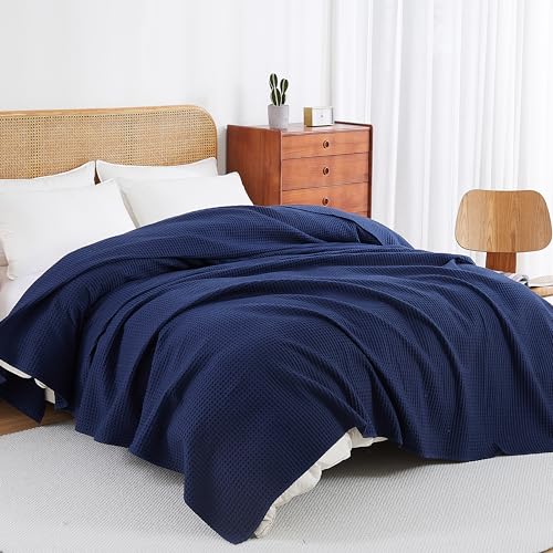 100% Egyptian Cotton Waffle Weave Throw Blanket for Bed Couch Sofa Home Decor, Soft Lightweight Bed & Couch Blanket for All Seasons (Navy Blue - Queen Size - 90 * 90") - color: Navy Blue, size: Queen - 90*90''