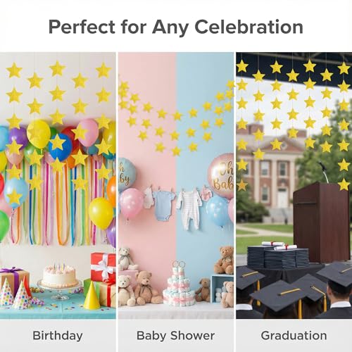 Glitter Gold Iridescent-Star-Garland 90FT – 240 Pcs Sparkling Star Streamers – Hanging Glitter Star Banner Backdrop for Birthday, Baby Shower, Wedding, Christmas Party Decorations (6 Packs) - color: Glitter Gold