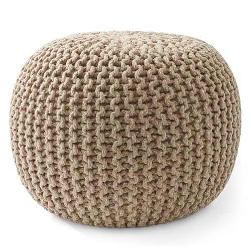 Casafield Round Pouf Ottoman, Beige Ivory - 20" Diameter x 14.5" High Cotton Knit Foot Stool - Boho Floor Pouffe for Living Room, Bedroom, Home Office - color: Beige Ivory, size: 20"D x 20"W x 14.5"H