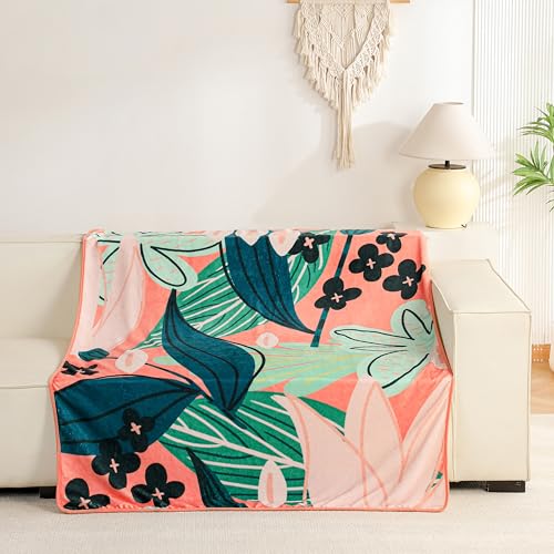 Tyrot Boho Floral Flannel Fleece Throw Blanket – Soft, Warm & Lightweight Fuzzy Blanket for Couch, Bed, or Sofa Decor, Cute Botanical Design for Women & Girls, 50''x60'', Coral - color: Coral Breeze, size: Throw(50''x60'')
