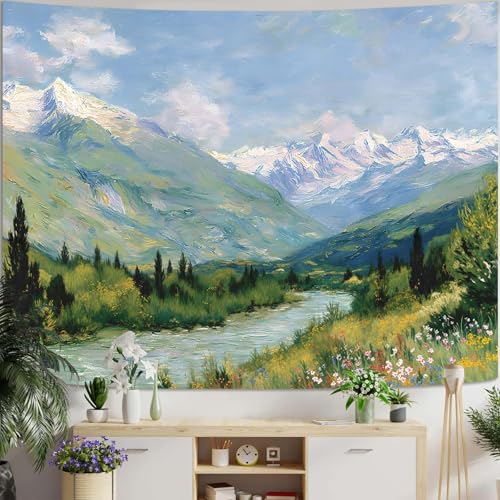 Yeoiat Tapestry Alpine Mountain River Landscape Oil Painting Wall Art Artistic Hand-Painted Look Fine Art Meadow Flowers Decor 80"x60" - color: Green Blue White, size: 80"L x 60"W