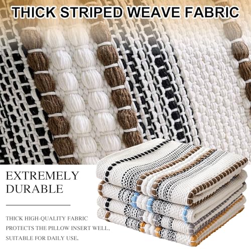 Boho Throw Pillow Covers 18x18 Farmhouse Decorative Accent Textured Accent Pillows Woven Cushion Cases - White and Brown Striped Throw Pillowcase Bohemian Pillow Covers for Couch Bed Living Room - color: Brown, size: 18" x 18" (Pack of 2)