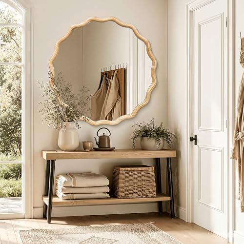 Circle Wood Mirrors for Wall, Wavy Round Bathroom Scalloped Mirror Wooden Frame 36 Inch for Living Room Farmhouse Bedroom Hallway Entryway Living Room with Shatterproof Glass Wall Mounted - size: 36"L x 36"W