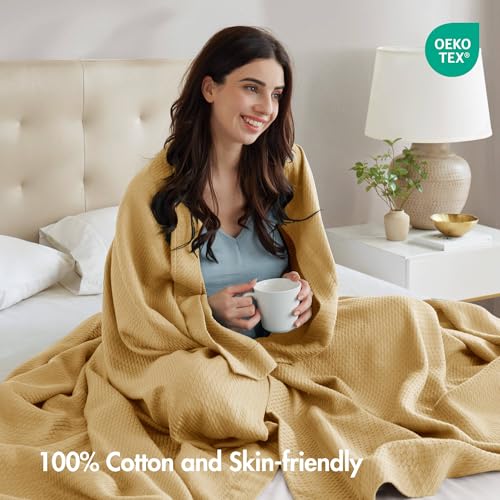 Madison Park 100% Egyptian Cotton Lightweight Summer Blanket, Breathable Waffle Knit Design, Soft Cozy All-Season Throw for Bed, Couch or Sofa, Mustard Yellow Full/Queen Size (90"x90") - color: Mustard, size: Full/Queen