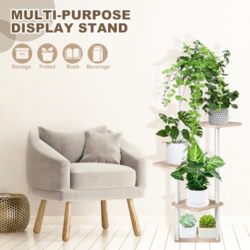 5 Tier Plant Stand Indoor, Thickened Metal Wood Corner Plant Shelf Stands for Multiple Plants, Indoor Tall Plants Stand Tiered Flower Holder for Living Room Patio Garden Balcony(White+Oak) - color: White+Oak, size: 5 Tier