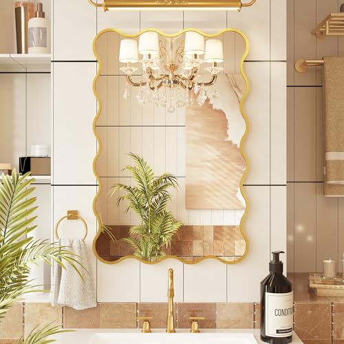 Kelly Miller 24x36 Inch Gold Scalloped Mirror, Large Rectangular Wavy Edge Bathroom Vanity Wall Mirror Decorative for Bedroom Living Room Entryway Fireplace Mantle - size: 36"L x 24"W