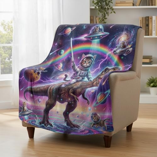 Neasow Funny Astronaut Cat Dinosaur Throw Blanket, Galaxy Space Rainbow Flannel Colorful Fun Blanket, Super Soft for Couch Dorm Sofa Room, Gifts for Kids Teens Boys, Purple 50×60 inch - color: Astronaut Cat Dinosaur, size: 60"L x 50"W