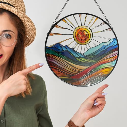 Sun Mountains Stained Glass Window Hanging, 9.8’’Sun Catcher Glass Panel Boho Wall Art Decor with Chain, Hand Painted Round Glass Gifts for Couples, Housewarming Gift - color: Sun Mountains