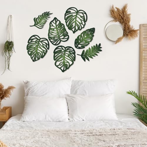 Namalu 7 Pcs Tropical Wall Decor Jungle Monstera Wall Art Boho Palm Leaf Wooden Decoration Tropical Nursery Decor Vintage Natural Monstera Leaf Plaque for Farmhouse Kitchen Bedroom Garden(Green) - color: Green