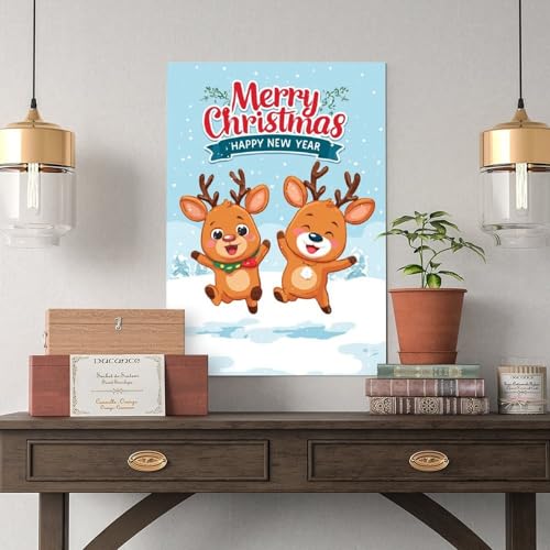 JDBeehpy Merry Christmas & Happy New Year Frame Canvas Print Wall Art Painting Reindeer Playing Happily in Snow Cute Poster Home Decor Mural 08x12inch(20x30cm) - color: Reindeer Frame, size: 12L" x 8W"