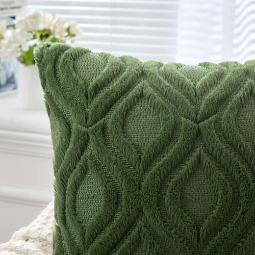 MIULEE Summer Moss Green Throw Pillow Covers 18x18 Inch, Soft Winter Plush Faux Wool Couch Pillow Covers Set of 2 Decorative Farmhouse Boho Throw Pillows for Sofa Living Room Bed - color: Moss Green, size: 18" x 18" (Pack of 2)