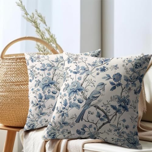 Chinoiserie Blue & White Pillow Covers - 16x16 Inches, Bule Birds & Flowers Design, Set of 2 for Home Couch & Sofa - color: Chinoiserie Flowers240413, size: 16" x 16" (Pack of 2)