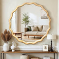 Circle Wood Mirrors for Wall, Wavy Round Bathroom Scalloped Mirror Wooden Frame 36 Inch for Living Room Farmhouse Bedroom Hallway Entryway Living Room with Shatterproof Glass Wall Mounted - size: 36"L x 36"W